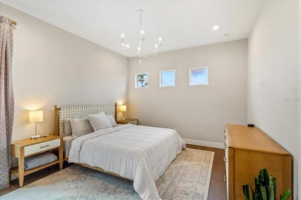 Bedroom, Chandelier, Interior, Recessed Lighting, Wood Texture Flooring