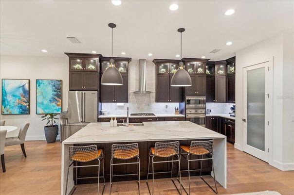 Interior, Kitchen, Pendant Lights, Recessed Lighting, Stainless Steel Appliances, Wood Texture Flooring
