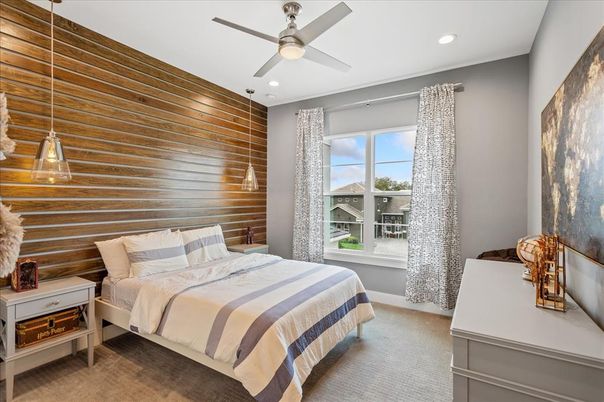 Bedroom, Interior, Pendant Lights, Recessed Lighting, Wooden Walls