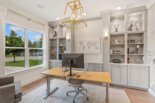 Home Office, Interior, Pendant Lights, Recessed Lighting, Wood Texture Flooring