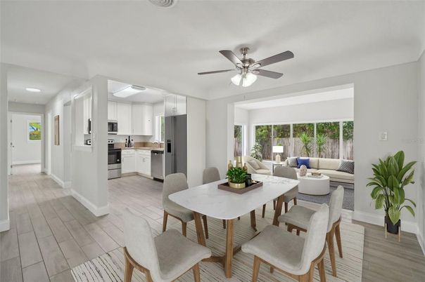 Dining room, Interior, Kitchen, Living room, Recessed Lighting, Stainless Steel Appliances, Wood Texture Flooring