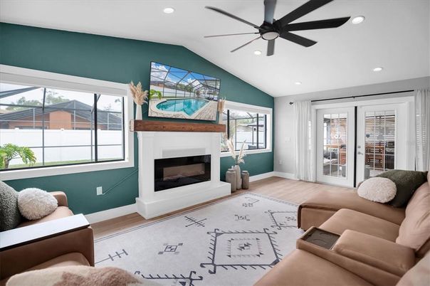 Fireplace, Interior, Living room, Recessed Lighting, Wood Texture Flooring