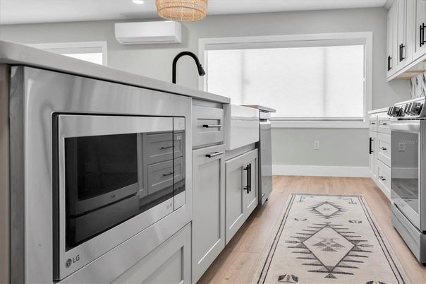 Interior, Kitchen, Pendant Lights, Stainless Steel Appliances, Wood Texture Flooring