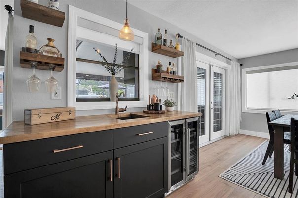Interior, Kitchen, Pendant Lights, Wood Texture Flooring
