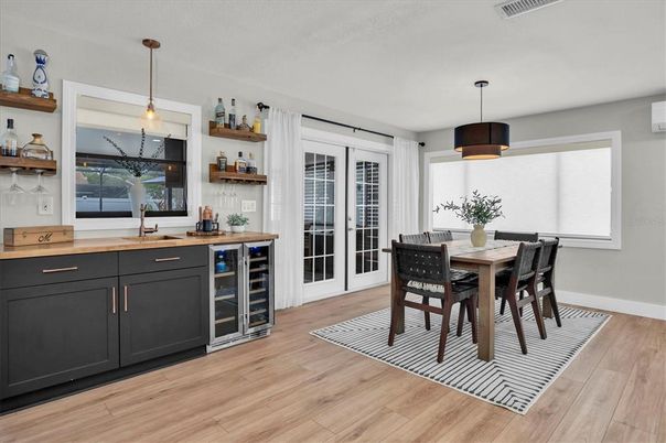 Dining room, Interior, Pendant Lights, Wood Texture Flooring