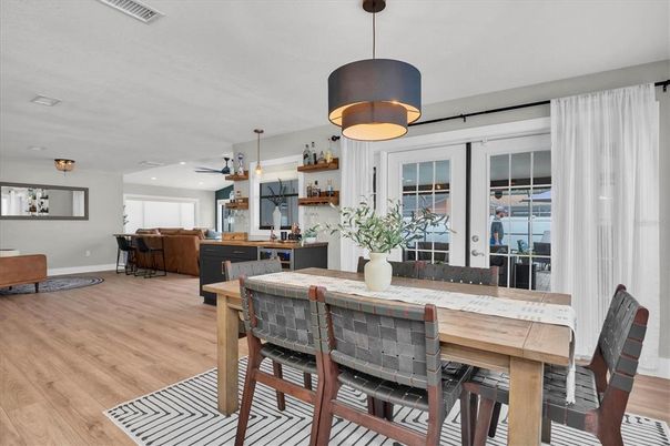 Dining room, Interior, Kitchen, Living room, Pendant Lights, Recessed Lighting, Wood Texture Flooring
