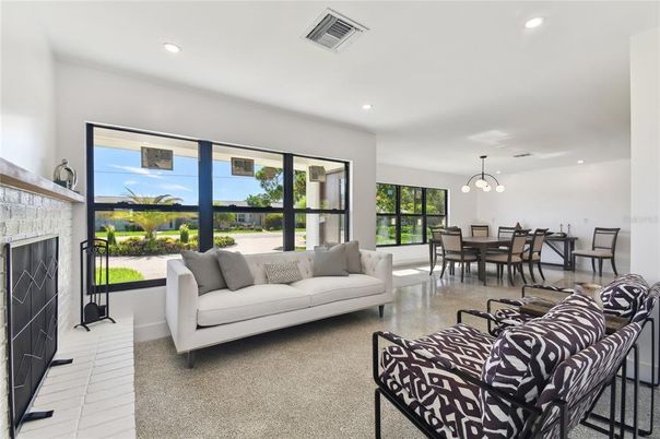 Dining room, Fireplace, Interior, Living room, Pendant Lights, Recessed Lighting
