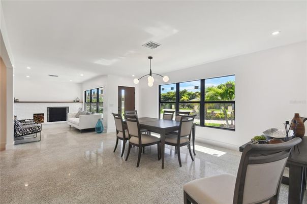 Dining room, Fireplace, Interior, Living room, Pendant Lights, Recessed Lighting
