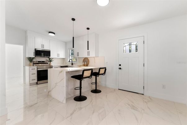 Interior, Kitchen, Marble, Pendant Lights, Stainless Steel Appliances