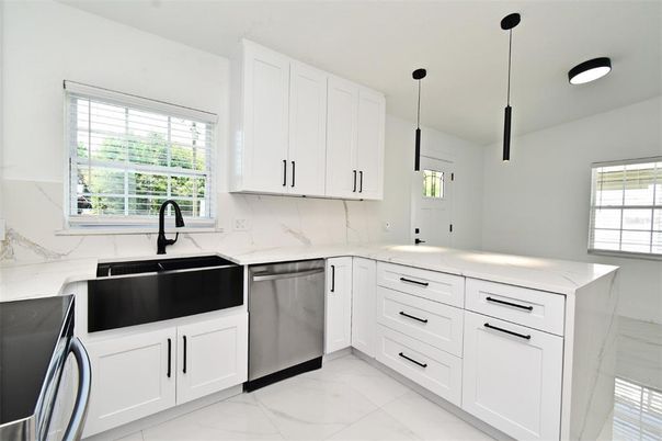Interior, Kitchen, Marble, Marble Walls, Pendant Lights, Stainless Steel Appliances