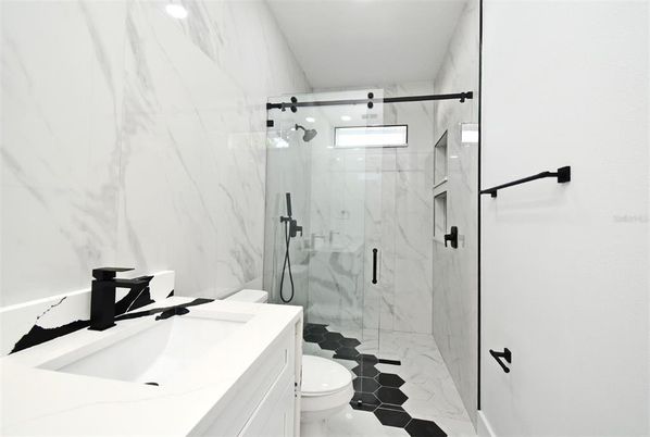 Bathroom, Glass Shower, Interior, Marble, Marble Walls, Recessed Lighting