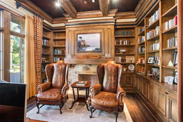 Fireplace, Home Office, Interior, Recessed Lighting, Wooden Beams, Wooden Ceilings, Wood Texture Flooring