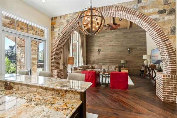 Chandelier, Interior, Living room, Pendant Lights, Recessed Lighting, Stone Walls, Wood Texture Flooring