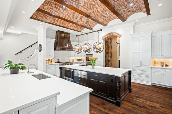 Chandelier, Interior, Kitchen, Recessed Lighting, Stainless Steel Appliances, Wooden Beams, Wood Texture Flooring