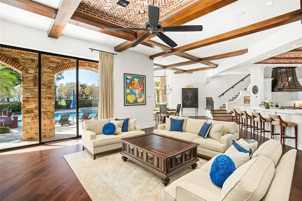 Interior, Kitchen, Living room, Recessed Lighting, Stone Walls, Wooden Beams, Wood Texture Flooring