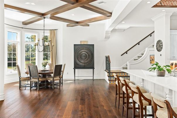 Dining room, Interior, Pendant Lights, Recessed Lighting, Wooden Beams, Wood Texture Flooring