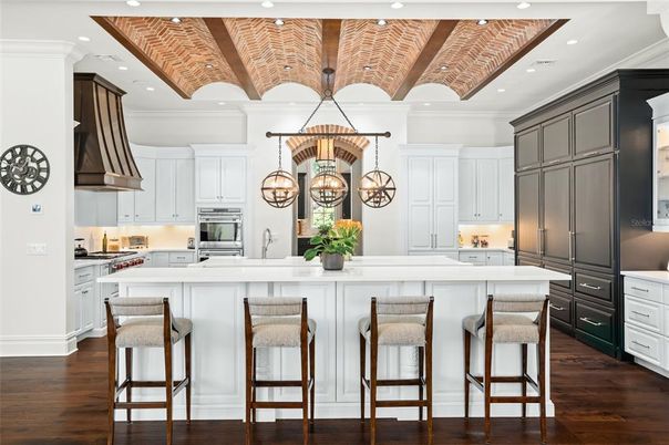 Chandelier, Interior, Kitchen, Pendant Lights, Recessed Lighting, Stainless Steel Appliances, Wooden Beams, Wooden Ceilings, Wood Texture Flooring