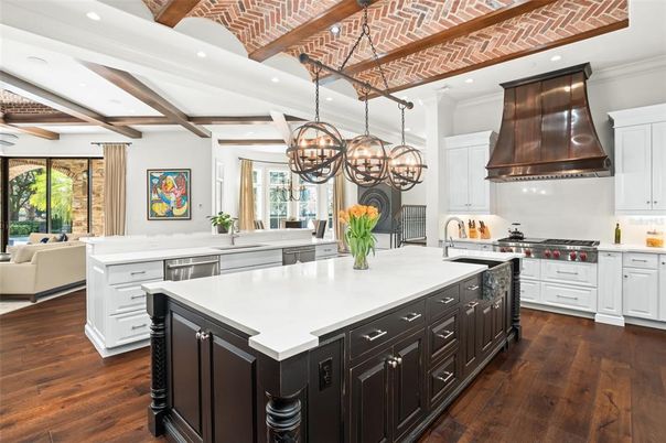 Chandelier, Interior, Kitchen, Recessed Lighting, Stainless Steel Appliances, Wooden Beams, Wood Texture Flooring