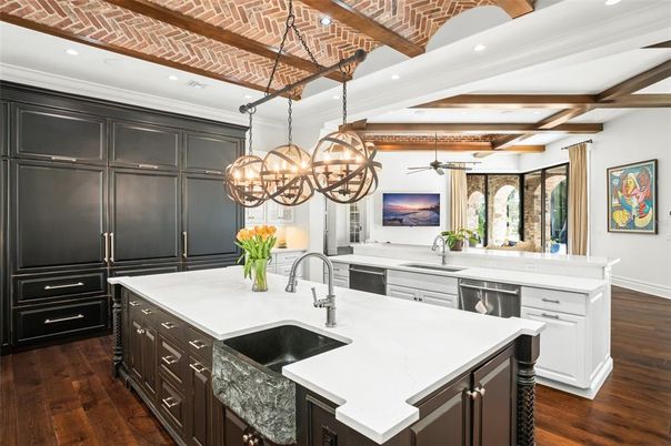 Chandelier, Interior, Kitchen, Pendant Lights, Recessed Lighting, Wooden Beams, Wood Texture Flooring
