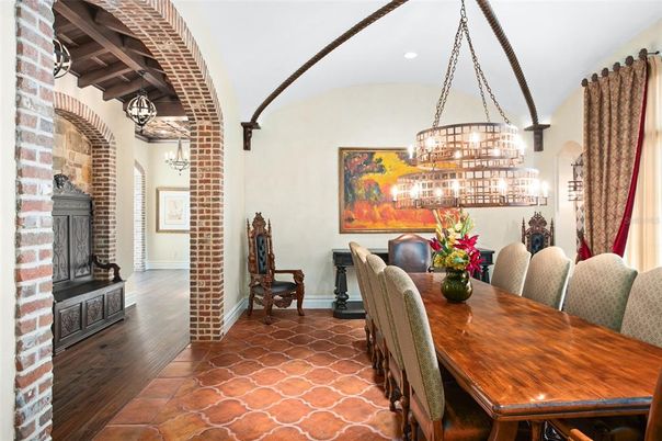 Chandelier, Dining room, Fireplace, Interior, Pendant Lights, Stone Walls, Wooden Beams, Wood Texture Flooring