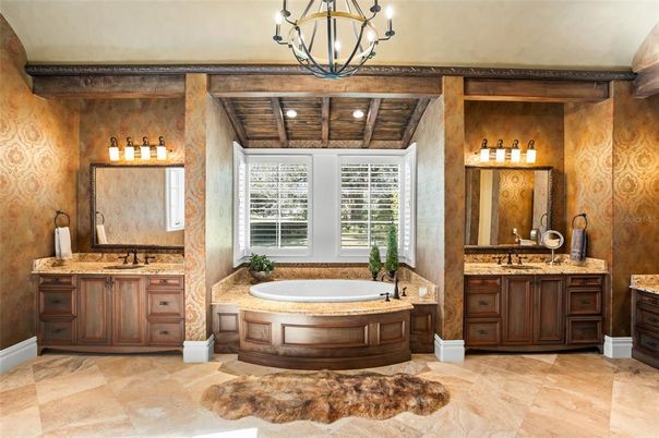 Bathroom, Chandelier, Interior, Recessed Lighting, Wooden Ceilings