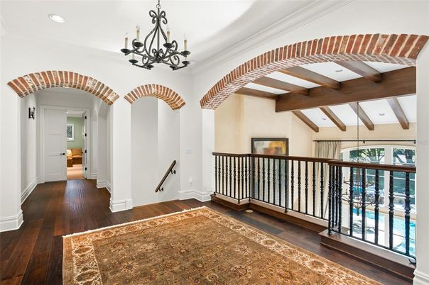 Chandelier, Interior, Recessed Lighting, Wooden Beams, Wood Texture Flooring
