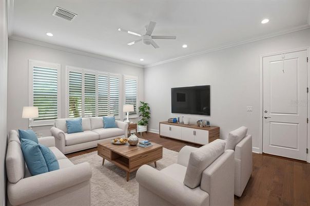 Interior, Living room, Recessed Lighting, Wood Texture Flooring