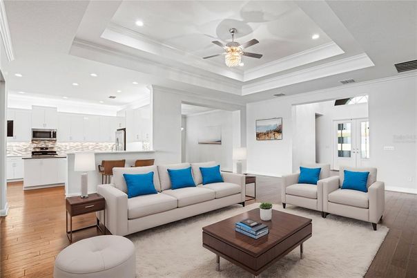 Interior, Kitchen, Living room, Recessed Lighting, Stainless Steel Appliances, Wood Texture Flooring