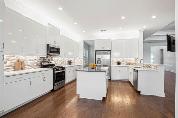 Interior, Kitchen, Recessed Lighting, Stainless Steel Appliances, Wood Texture Flooring