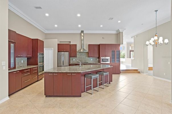 Chandelier, Interior, Kitchen, Recessed Lighting, Stainless Steel Appliances