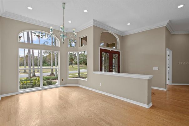 Chandelier, Empty room, Interior, Recessed Lighting, Wood Texture Flooring