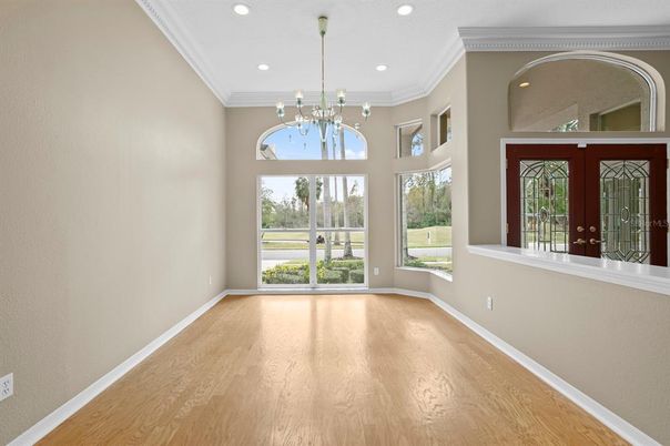 Chandelier, Empty room, Interior, Pendant Lights, Recessed Lighting, Wood Texture Flooring