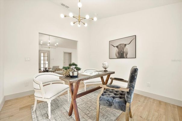Home Office, Interior, Pendant Lights, Wood Texture Flooring