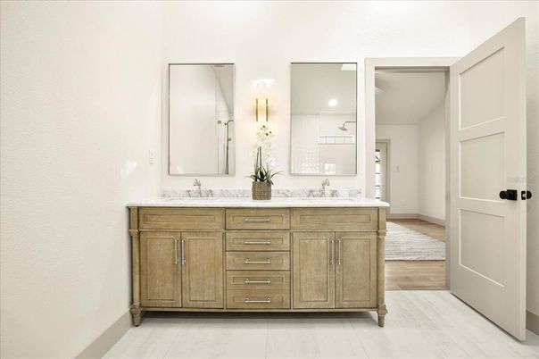 Bathroom, Dual Sink Vanities, Interior, Recessed Lighting, Wood Texture Flooring