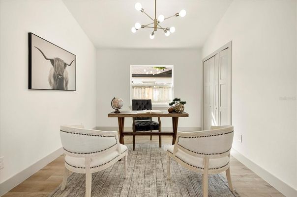 Home Office, Interior, Pendant Lights, Wood Texture Flooring