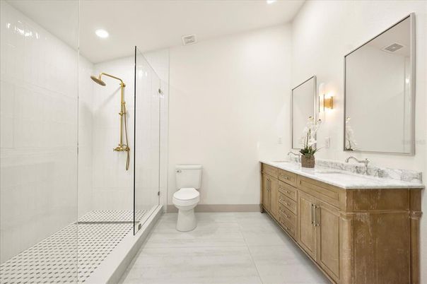 Bathroom, Dual Sink Vanities, Glass Shower, Interior, Recessed Lighting