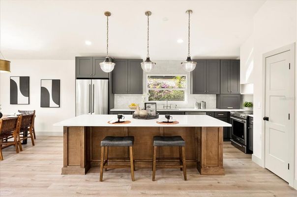 Interior, Kitchen, Pendant Lights, Recessed Lighting, Stainless Steel Appliances, Wood Texture Flooring