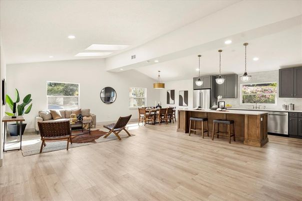 Dining room, Interior, Kitchen, Living room, Pendant Lights, Recessed Lighting, Stainless Steel Appliances, Wood Texture Flooring