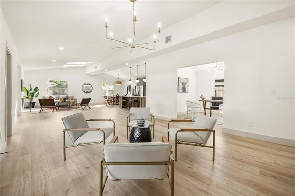 Dining room, Interior, Kitchen, Living room, Pendant Lights, Recessed Lighting, Wood Texture Flooring