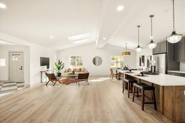 Dining room, Interior, Kitchen, Living room, Pendant Lights, Recessed Lighting, Stainless Steel Appliances, Wood Texture Flooring