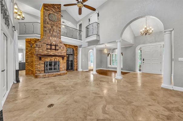 Chandelier, Fireplace, Interior