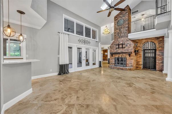 Fireplace, Interior, Pendant Lights, Stone Walls