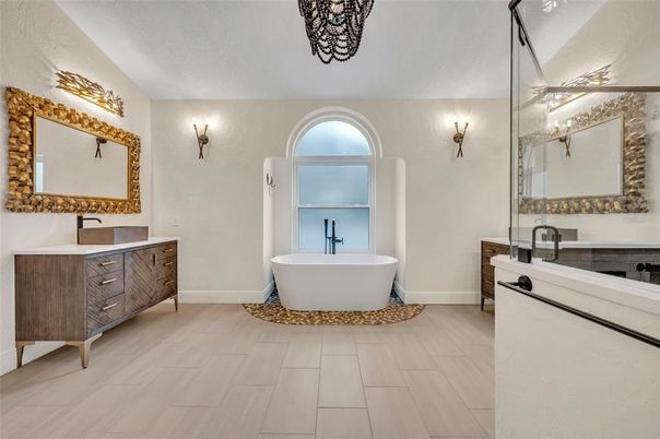 Bathroom, Dual Sink Vanities, Free Standing Baths, Interior, Wood Texture Flooring