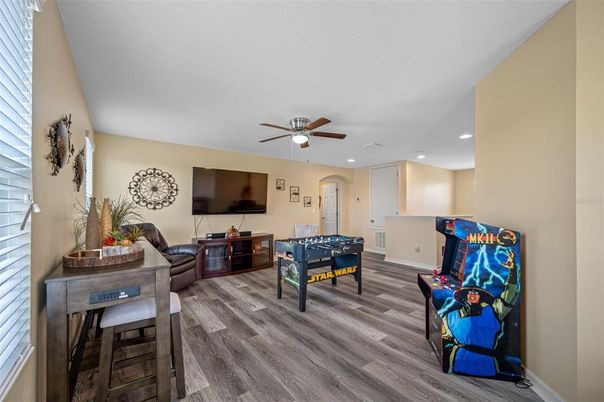 Game Room, Interior, Recessed Lighting, Wood Texture Flooring