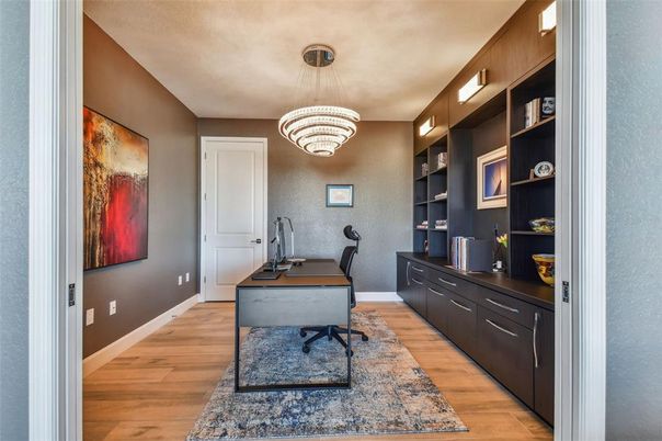 Chandelier, Home Office, Interior, Pendant Lights, Wood Texture Flooring