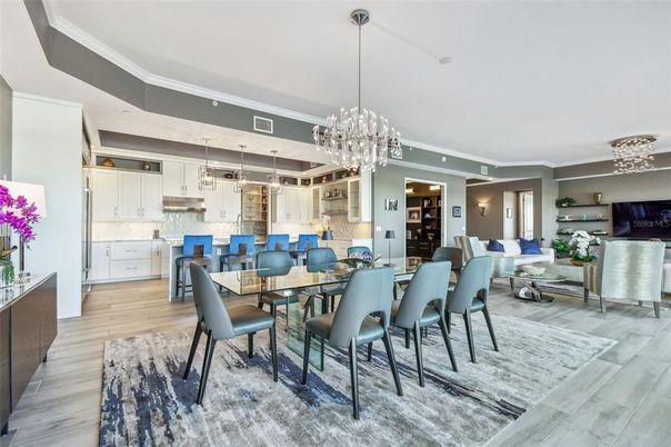 Chandelier, Dining room, Interior, Kitchen, Living room, Pendant Lights, Wood Texture Flooring