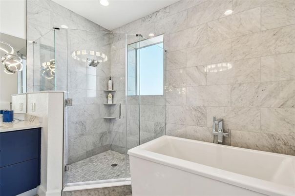 Bathroom, Glass Shower, Interior, Marble Walls, Recessed Lighting