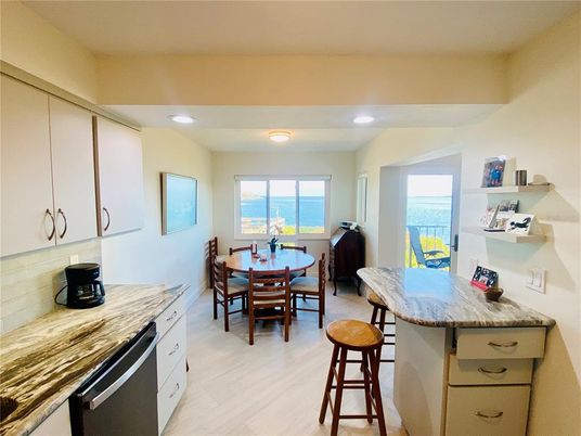 Dining room, Interior, Kitchen, Recessed Lighting, Water, Wood Texture Flooring