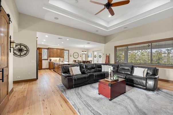 Chandelier, Interior, Kitchen, Living room, Pendant Lights, Recessed Lighting, Wood Texture Flooring