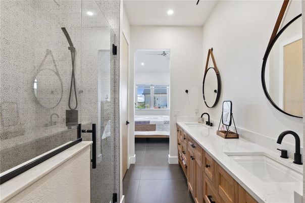 Bathroom, Dual Sink Vanities, Glass Shower, Interior, Recessed Lighting